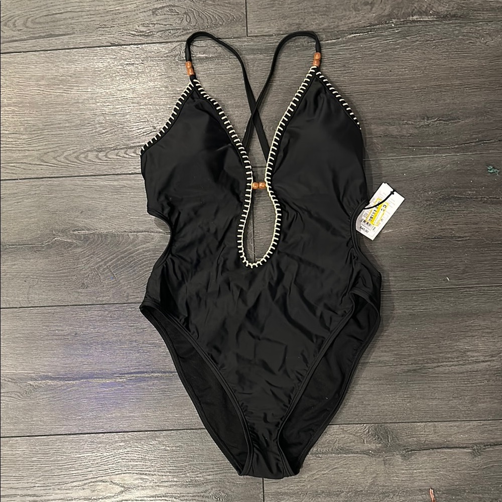 Black One-Piece Swimsuit with Plunging Neckline and Racerback